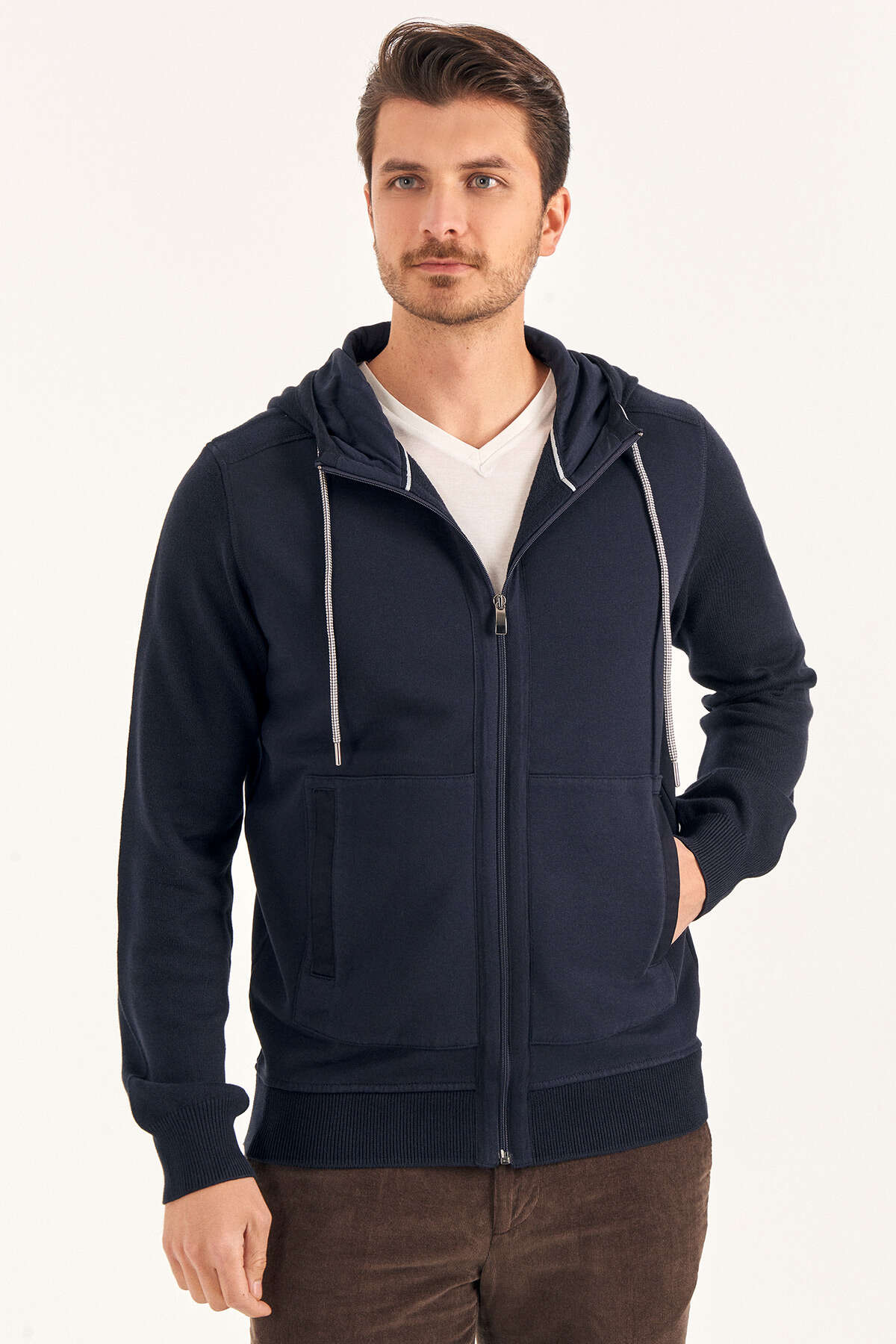 MARPOLI FERMUARLI KAPÜŞONLU ERKEK SWEATSHIRT - LACİVERT - SMILE