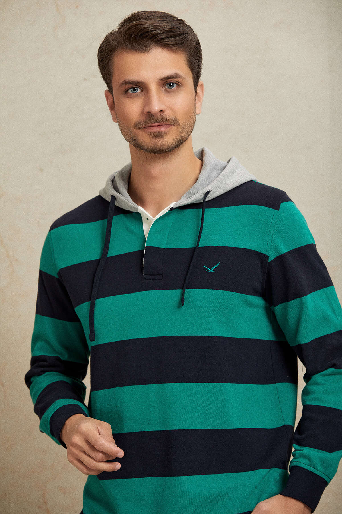 Lacivert - Yeşil Kapüşonlu Erkek Sweatshirt - SMILE (2)