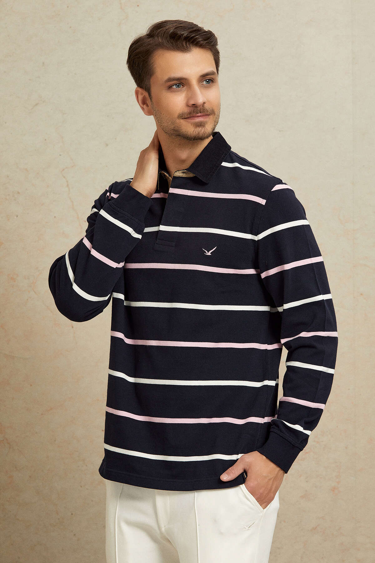Lacivert - Pembe Kadife Yaka Sweatshirt - SMILE
