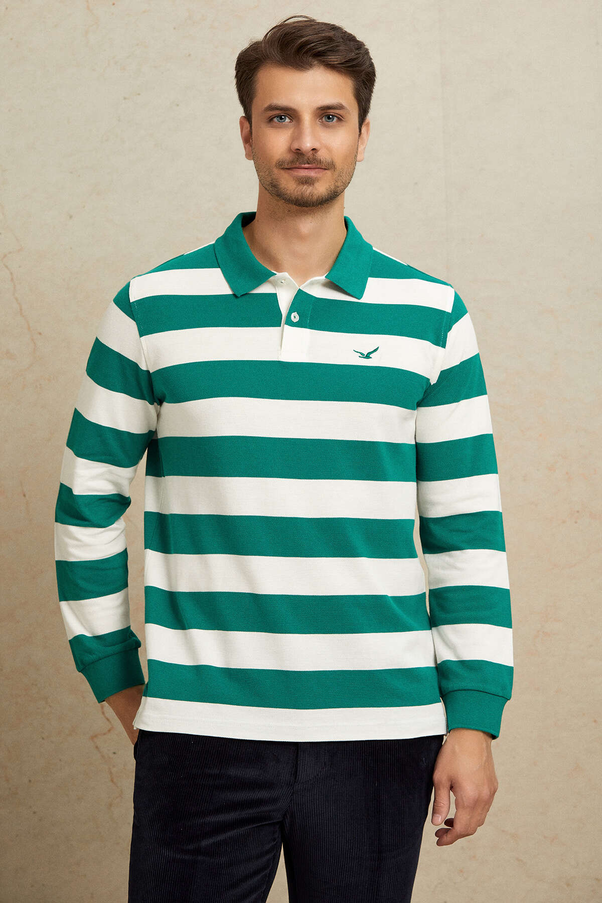 Kırık Beyaz - Yeşil Polo Sweatshirt - SMILE