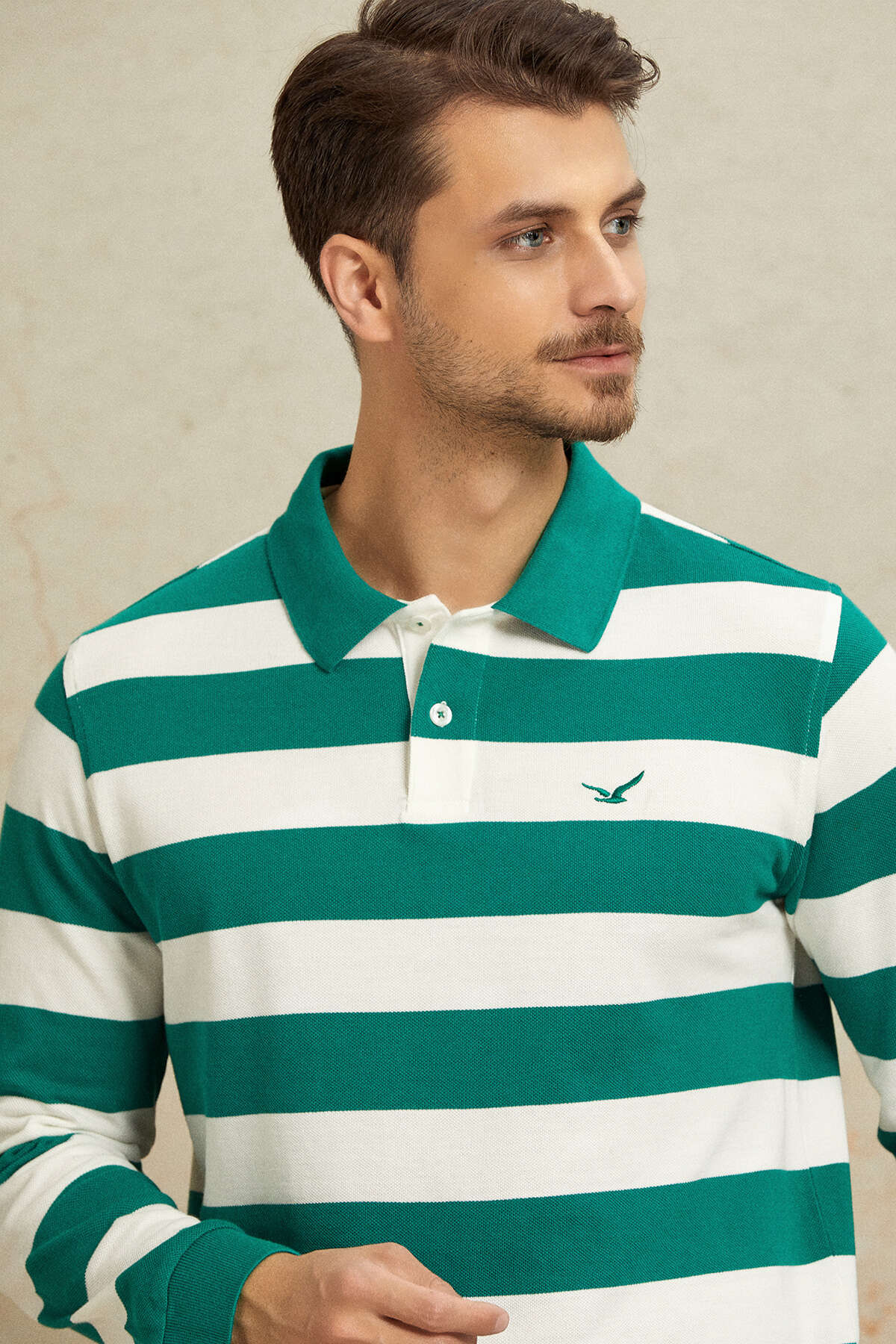 Kırık Beyaz - Yeşil Polo Sweatshirt - SMILE (2)