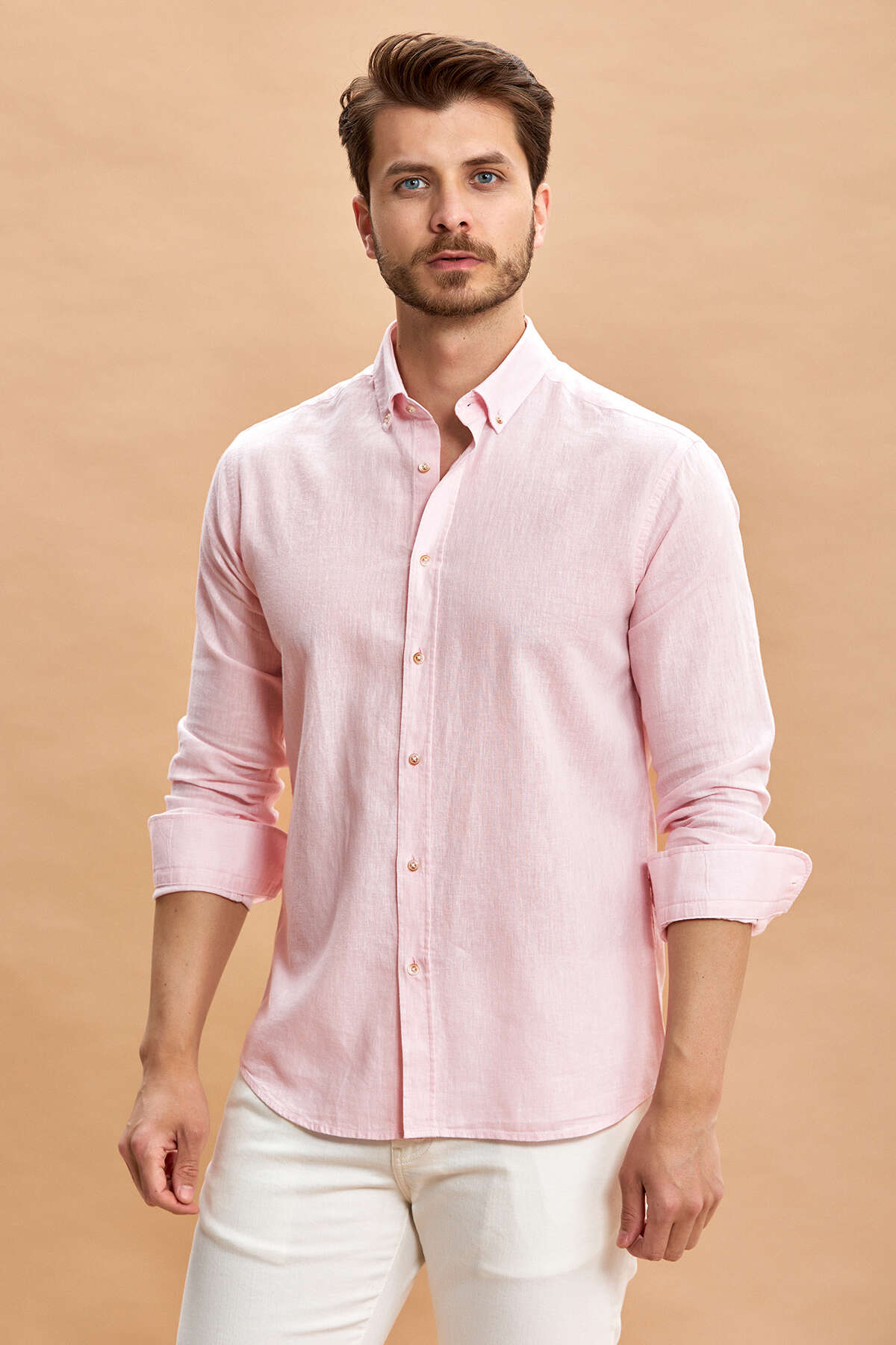 Pembe Keten Pamuk Karışımlı Gömlek 