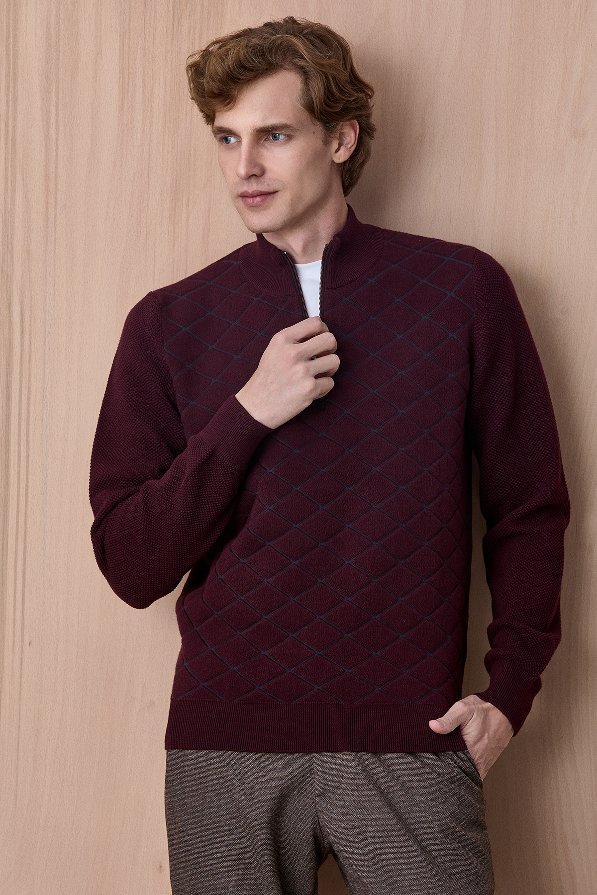 Bordo Pamuklu Kısa Fermuarlı Triko - SMILE