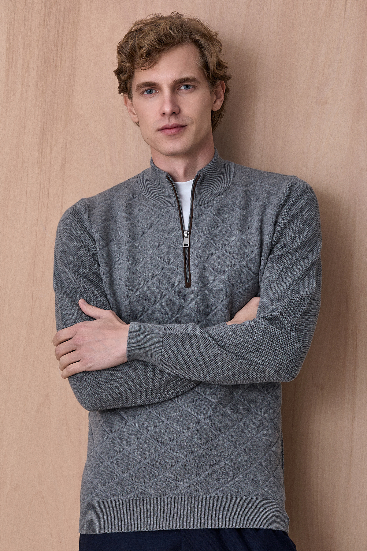 Koyu Gri Pamuklu Kısa Fermuarlı Triko - SMILE