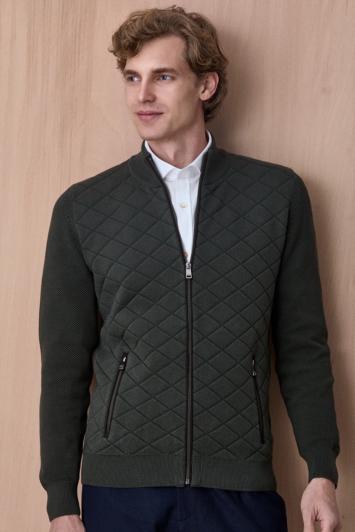 Koyu Yeşil Pamuklu Fermuarlı Triko - SMILE