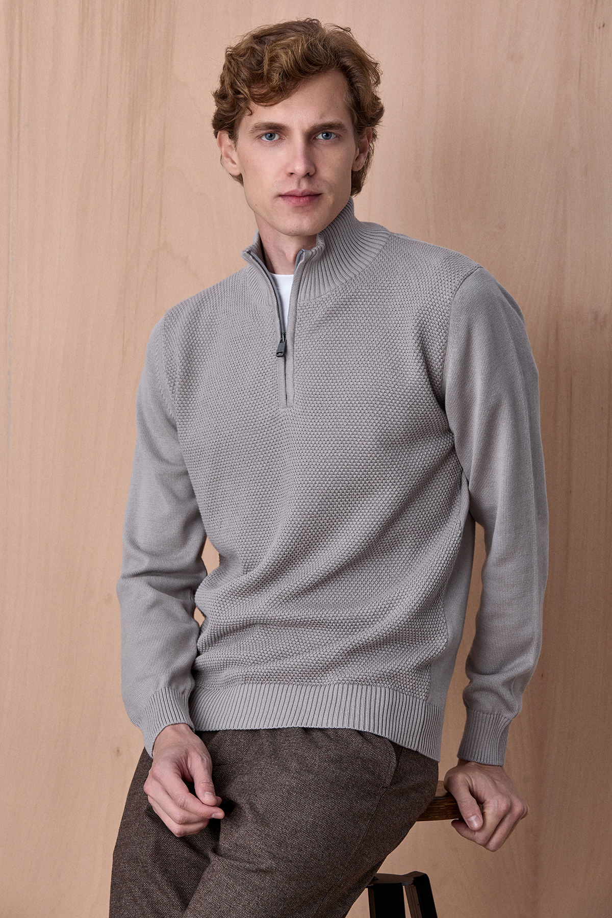 Taş Rengi %100 Pamuk Fermuarlı Triko - SMILE