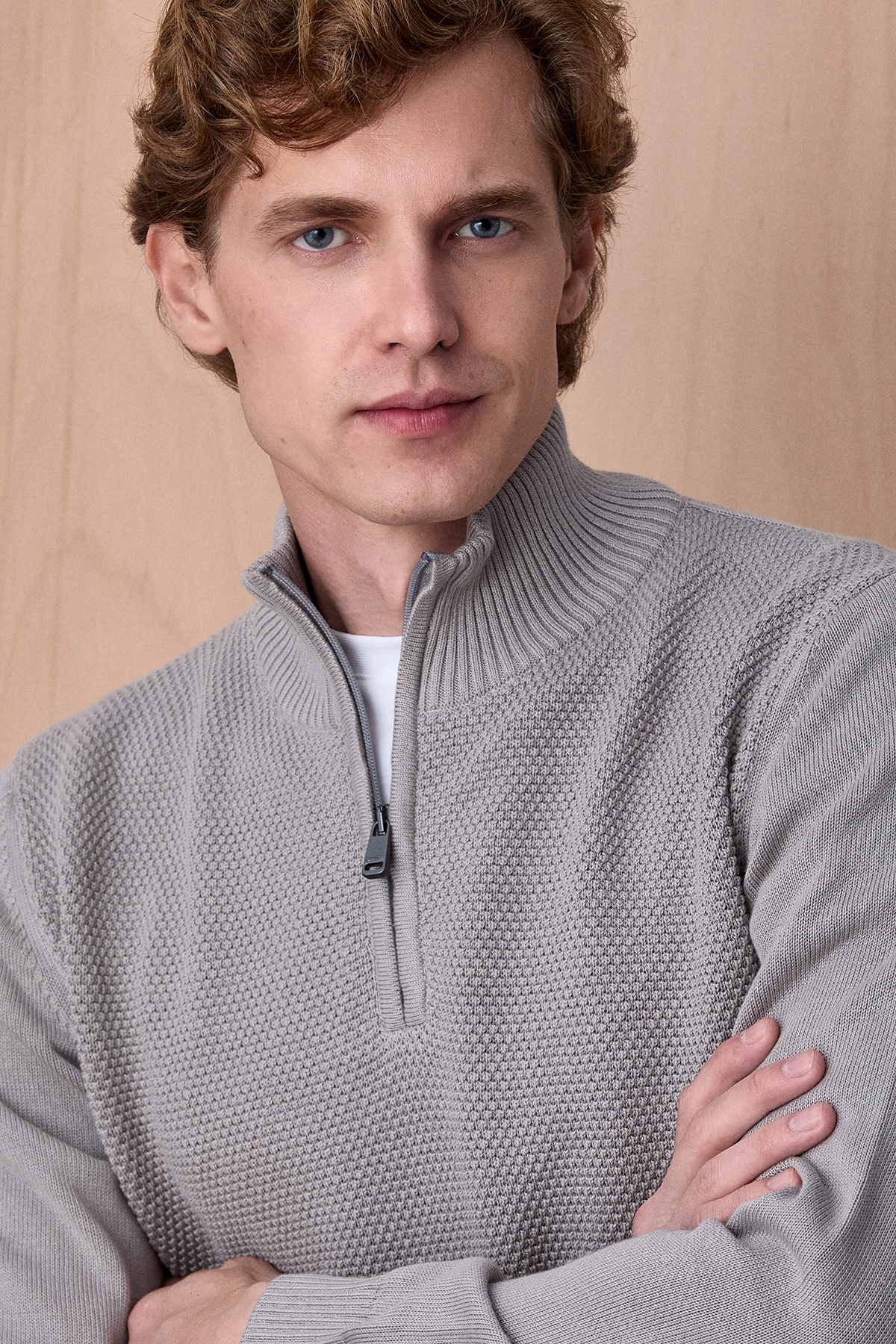 Taş Rengi %100 Pamuk Fermuarlı Triko - SMILE (2)