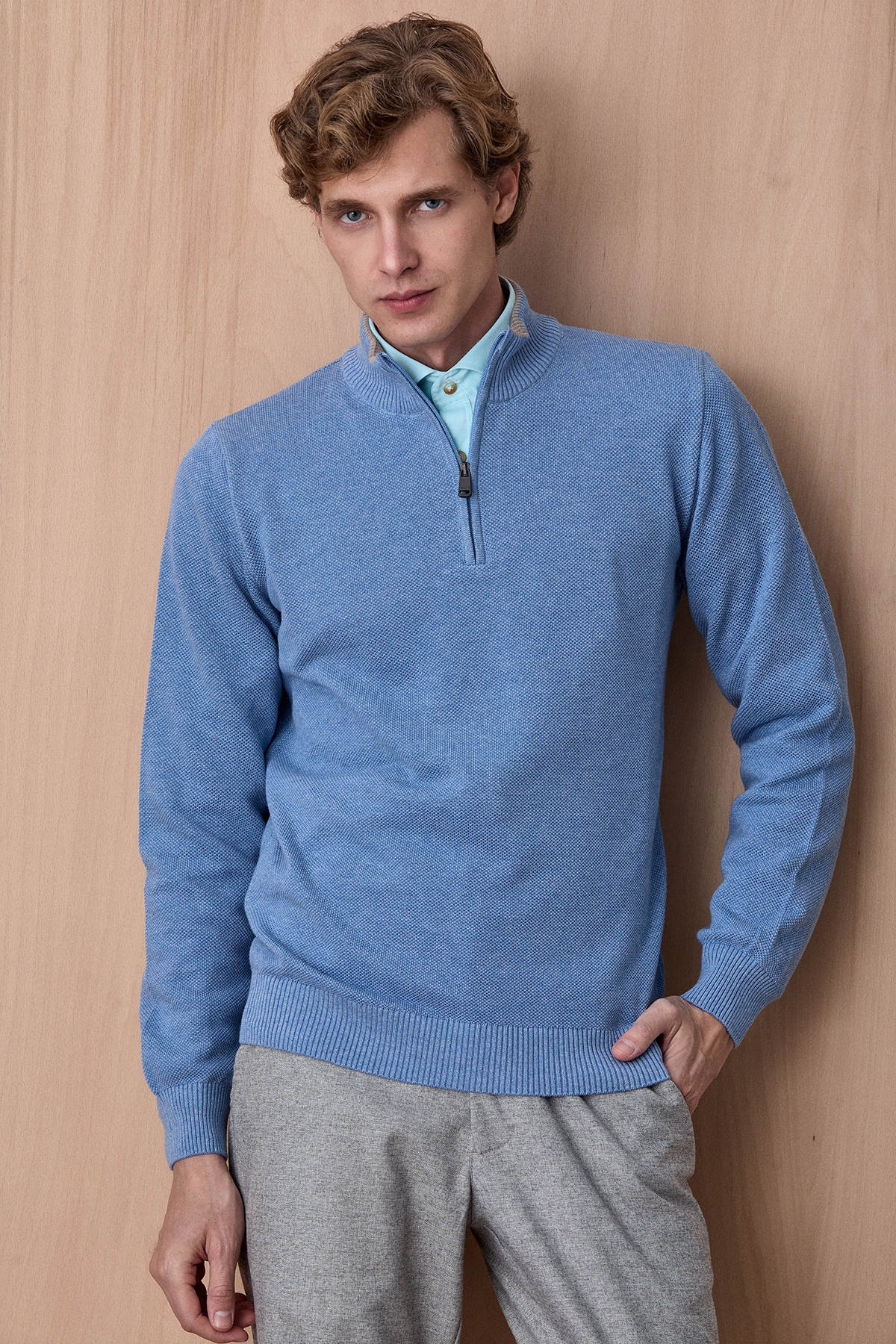 Mavi Melanj %100 Pamuk Fermuarlı Triko - SMILE