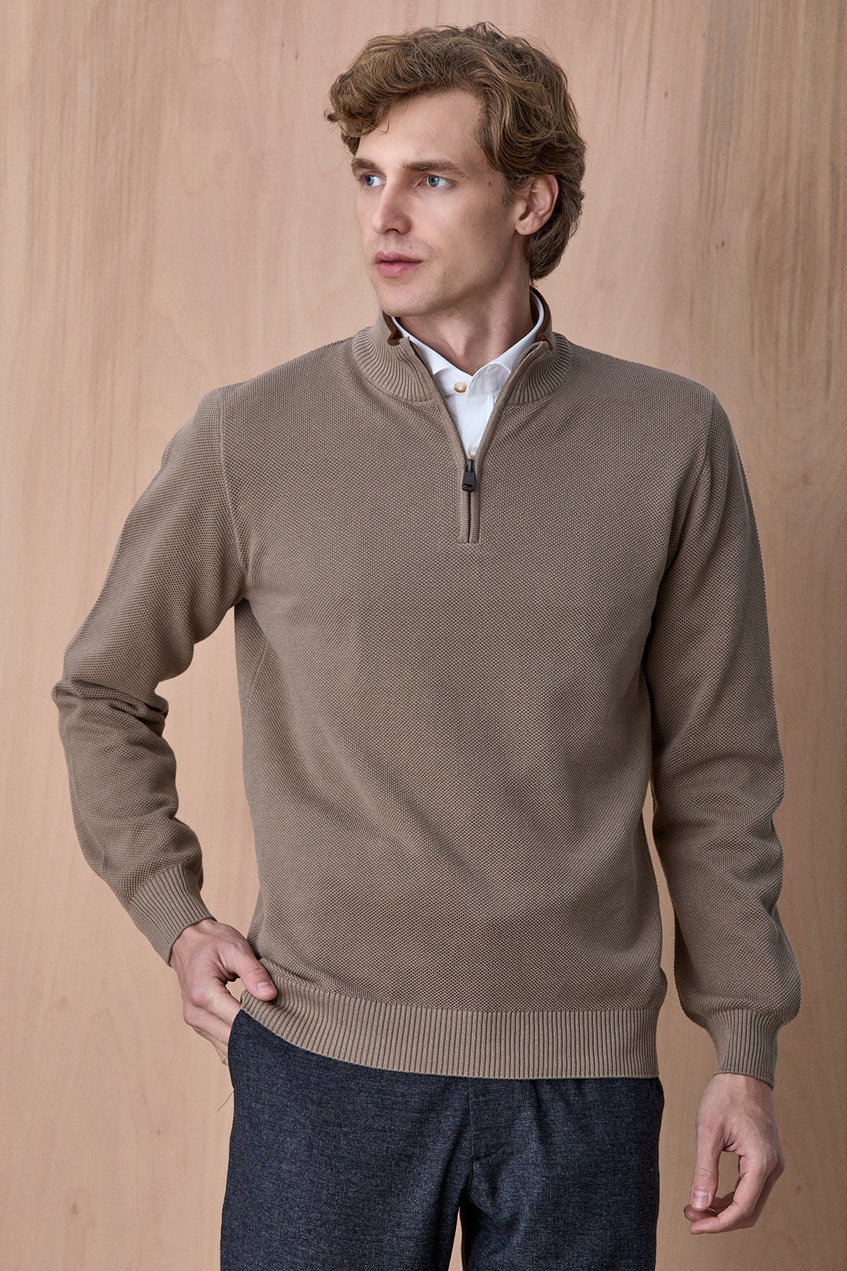 Bej %100 Pamuk Fermuarlı Triko - SMILE