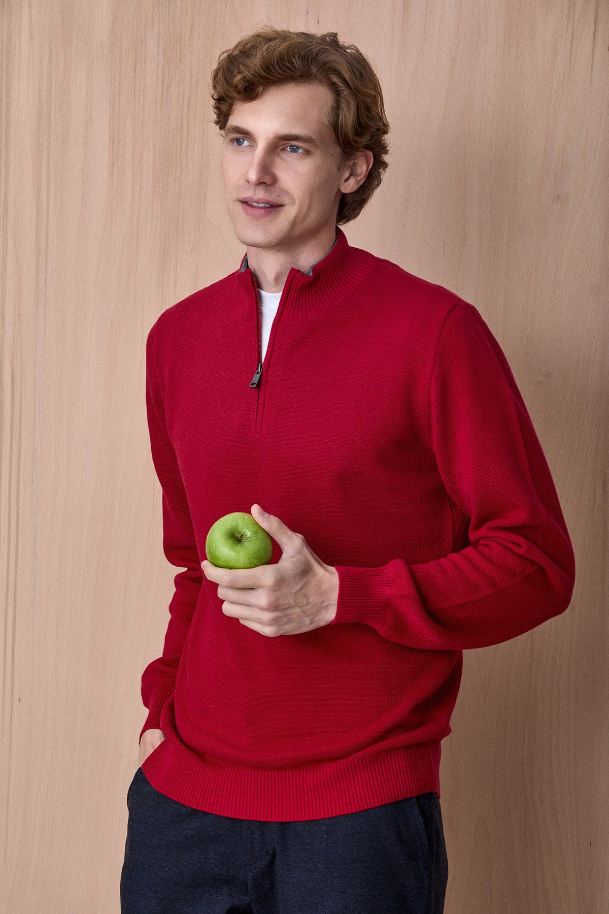 Kırmızı %100 Pamuk Fermuarlı Triko - SMILE