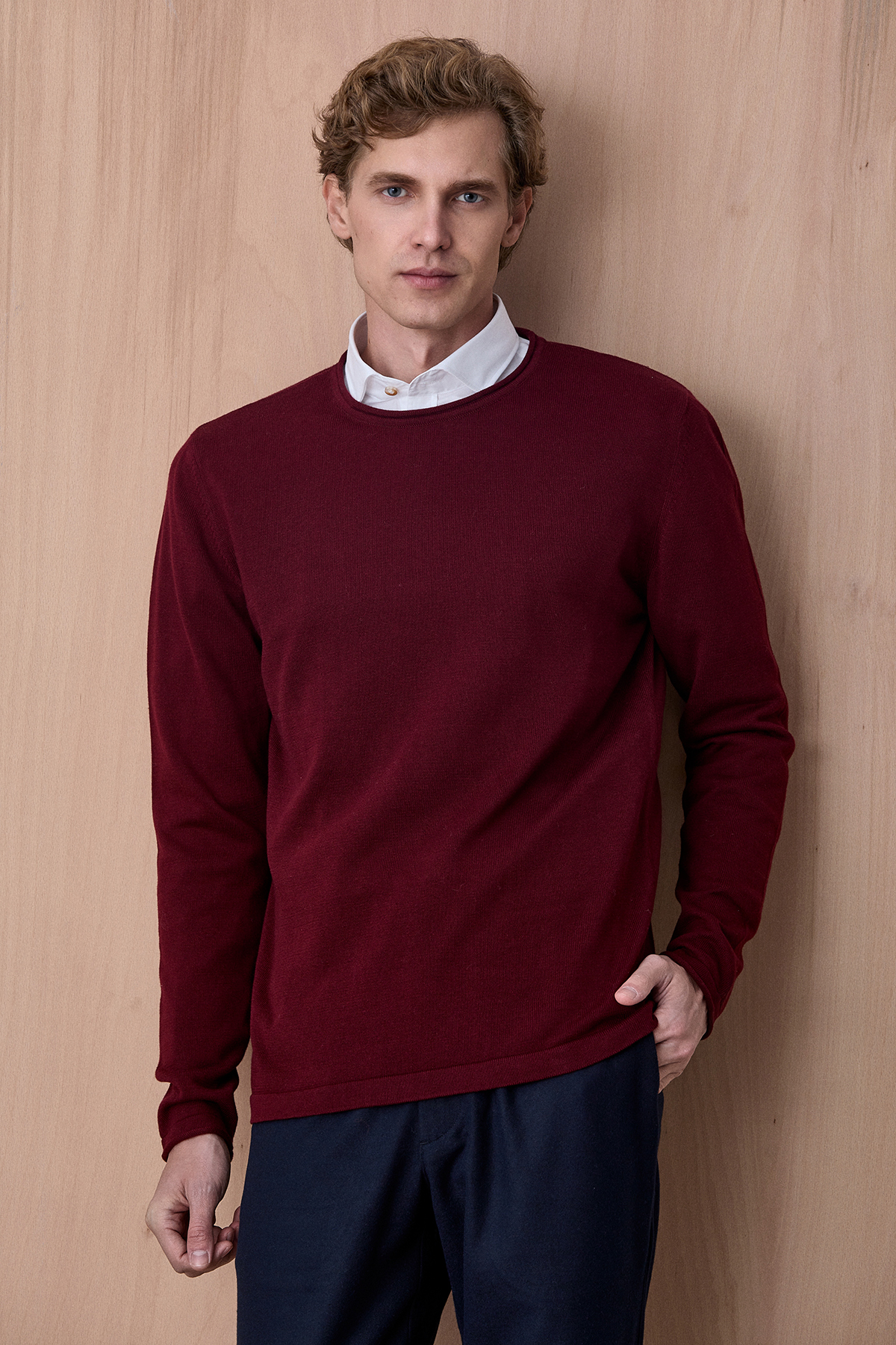 Bordo %100 Pamuk Bisiklet Yaka Triko - SMILE