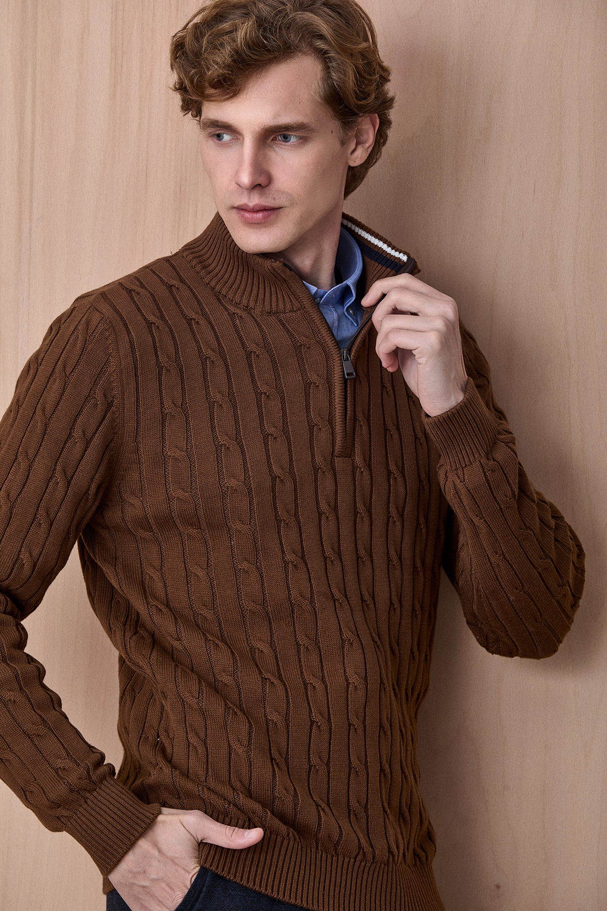 Tütün Rengi %100 Pamuk Fermuarlı Triko - SMILE