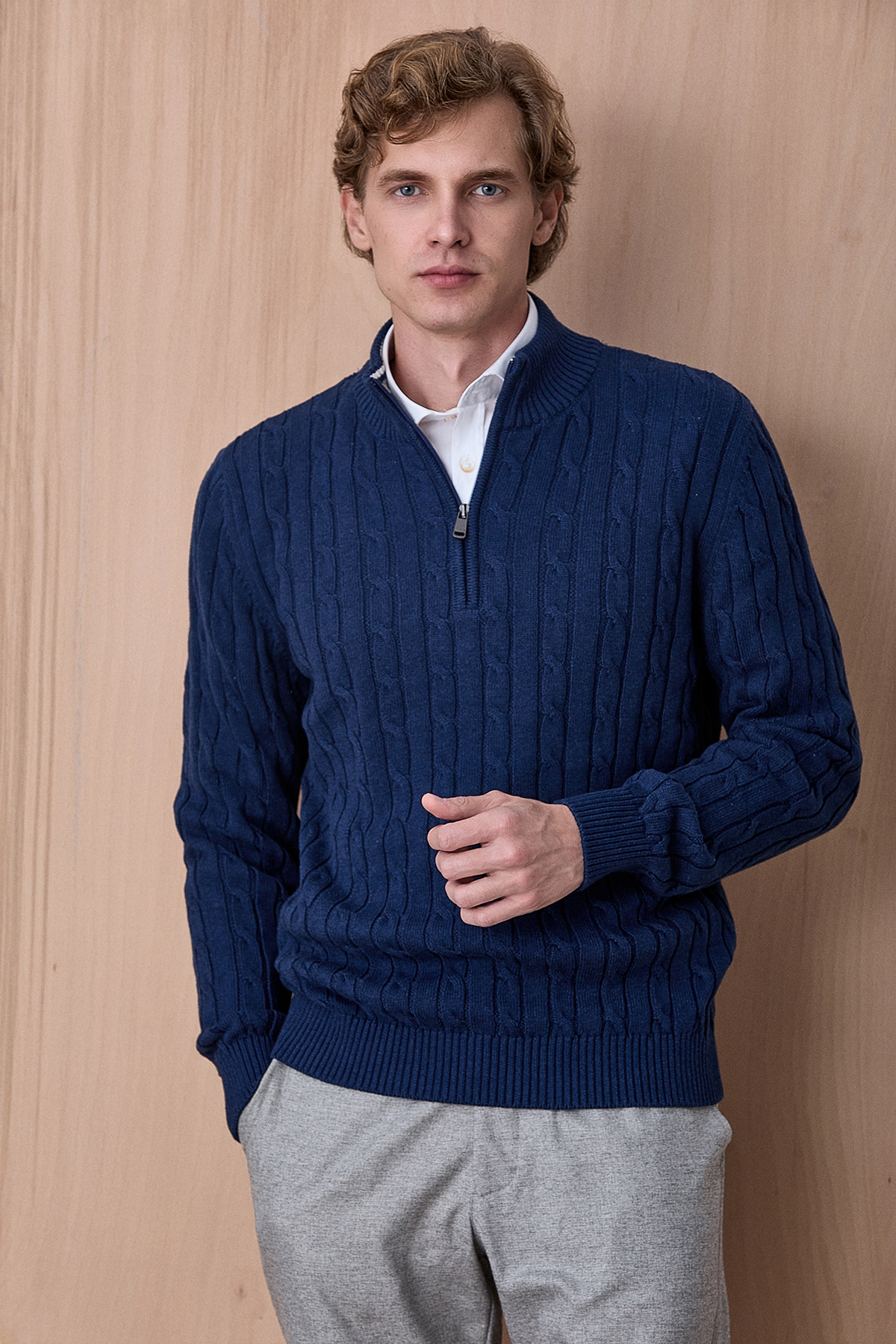 Koyu İndigo %100 Pamuk Fermuarlı Triko - SMILE