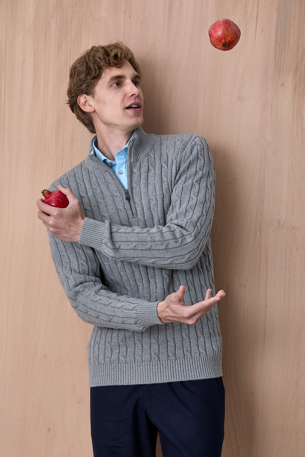 Gri Melanj %100 Pamuk Fermuarlı Triko - SMILE