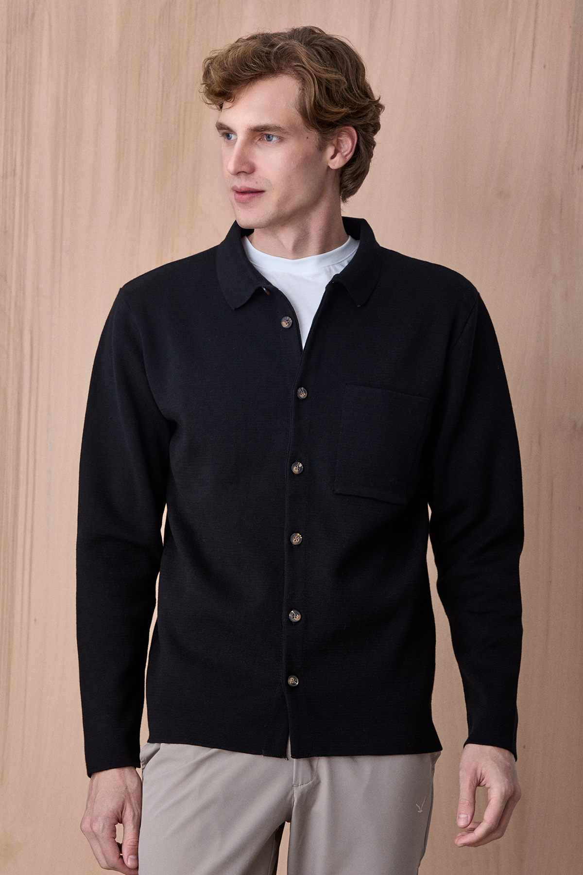 Siyah %100 Pamuk Örme Gömlek - SMILE