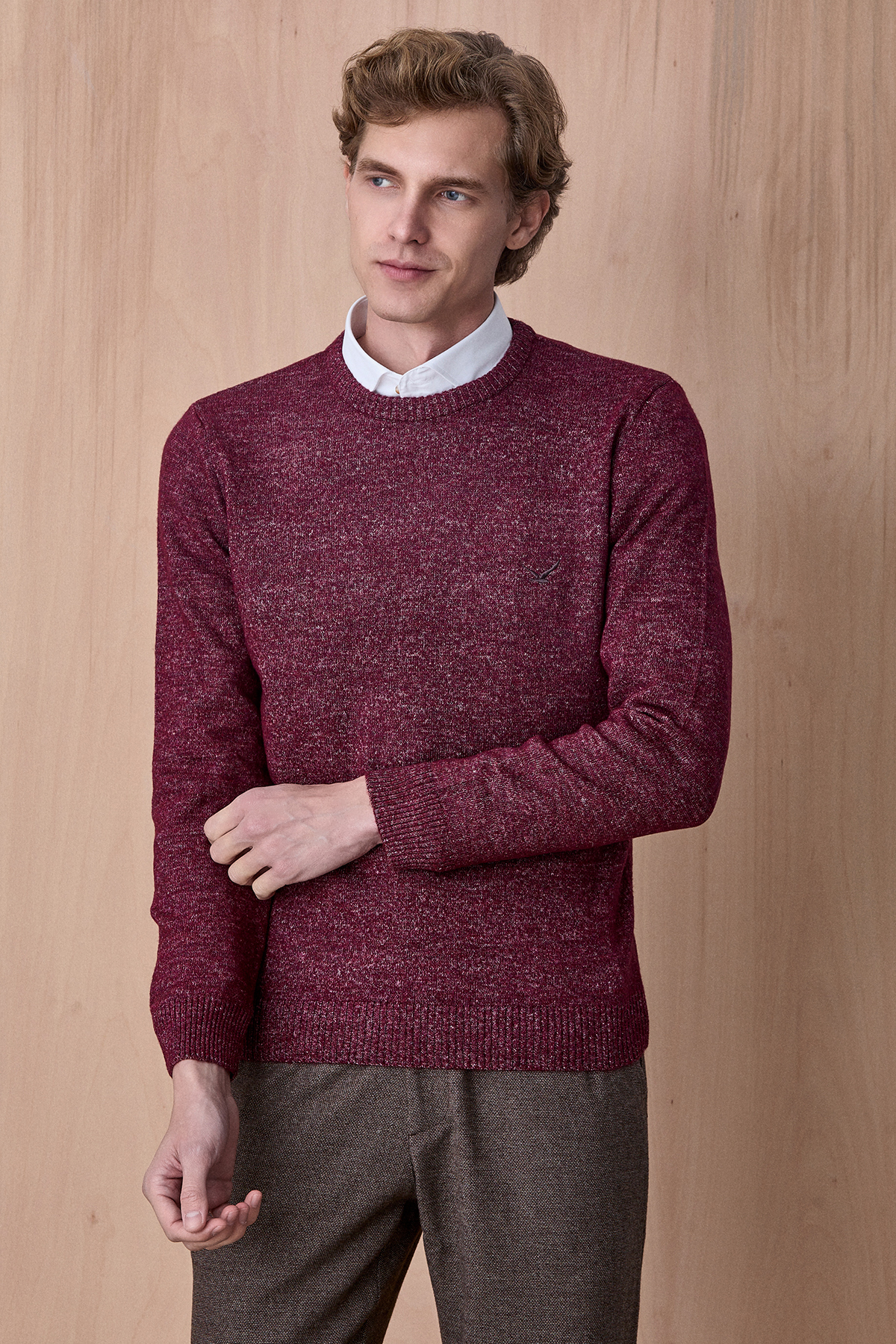 Bordo Pamuklu Bisiklet Yaka Triko - SMILE