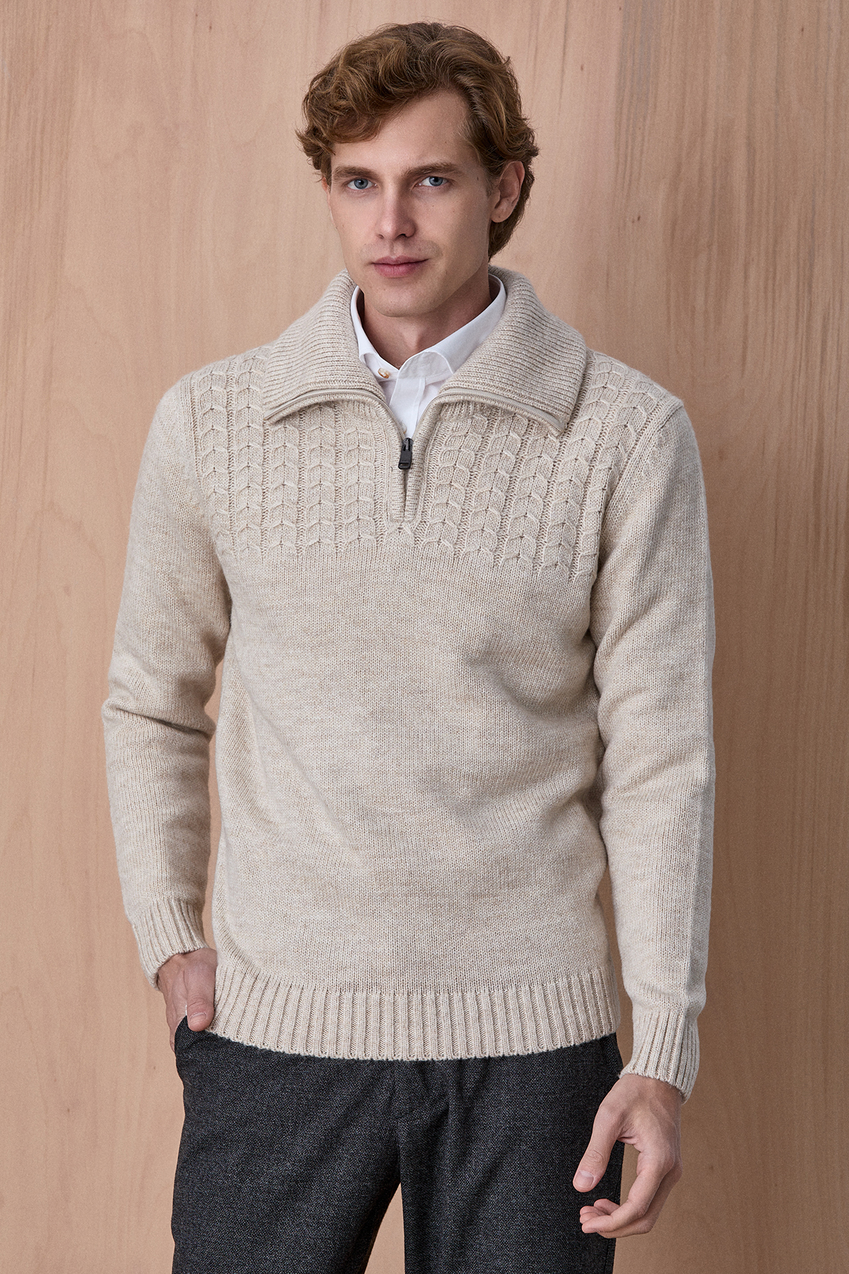 Bej Pamuklu Fermuarlı Triko - SMILE